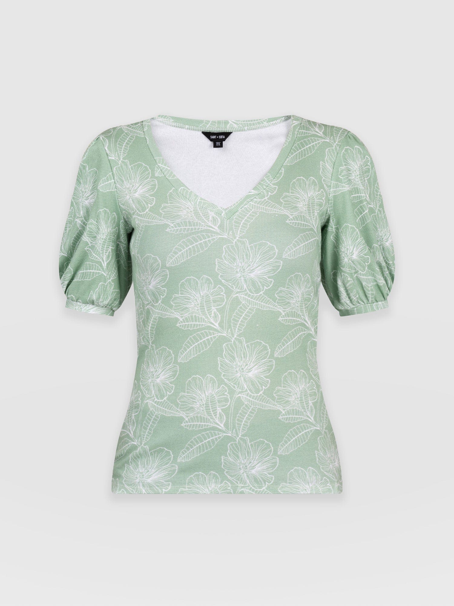 Cavendish V Neck Tee Green Stencil Floral - Women's T-Shirts | Saint + Sofia® UK